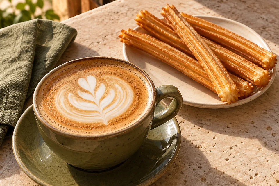 Café con leche en taza verde oliva acompañado de churros