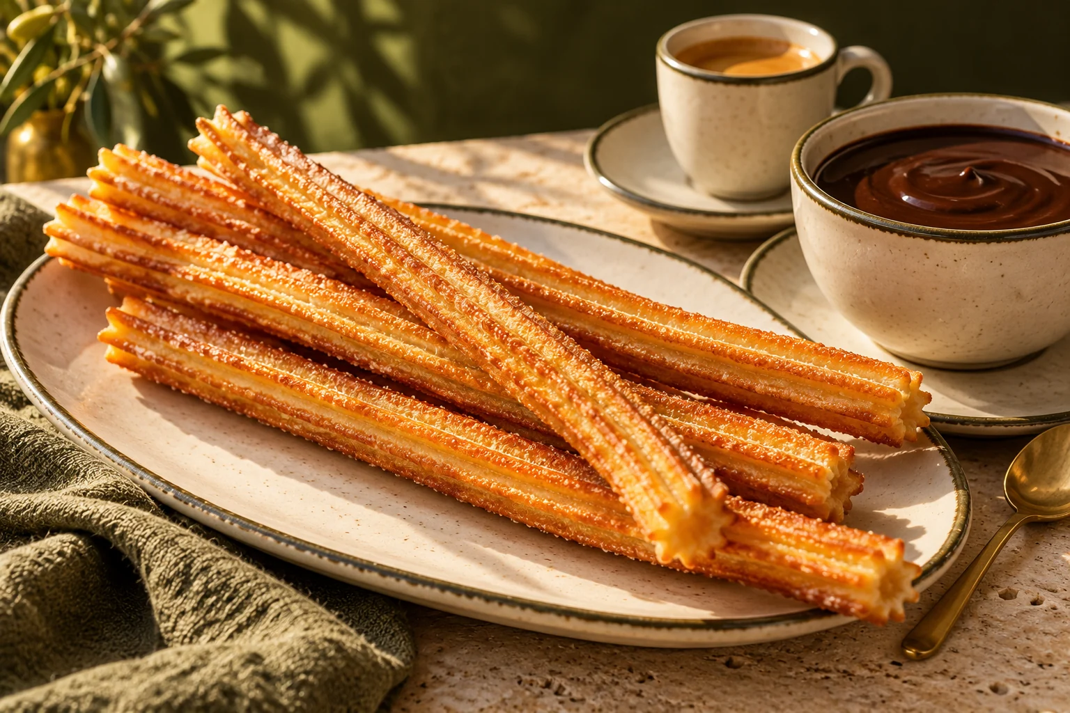 Churros dorados de textura crujiente con chocolate y café en una mesa bañada por luz cálida