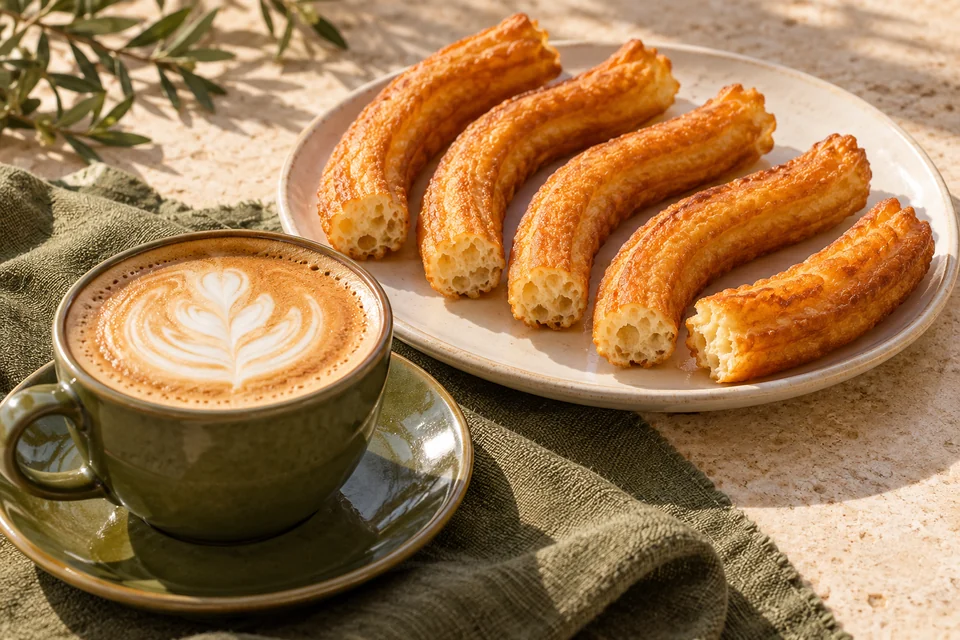 Churros de rueda con café en taza verde oliva